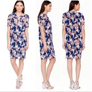 •J.CREW• Blue Antique Floral‎ Blue Silk Short Sleeve Shift Dress Size 2